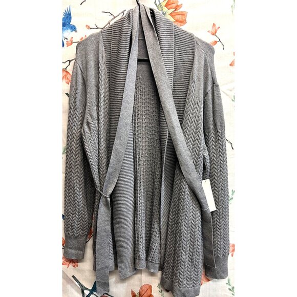 Chicos Gray Open Front Cardigan Sweater Sz 2 (Large) Rayon Nylon Blend with Belt - Picture 1 of 4